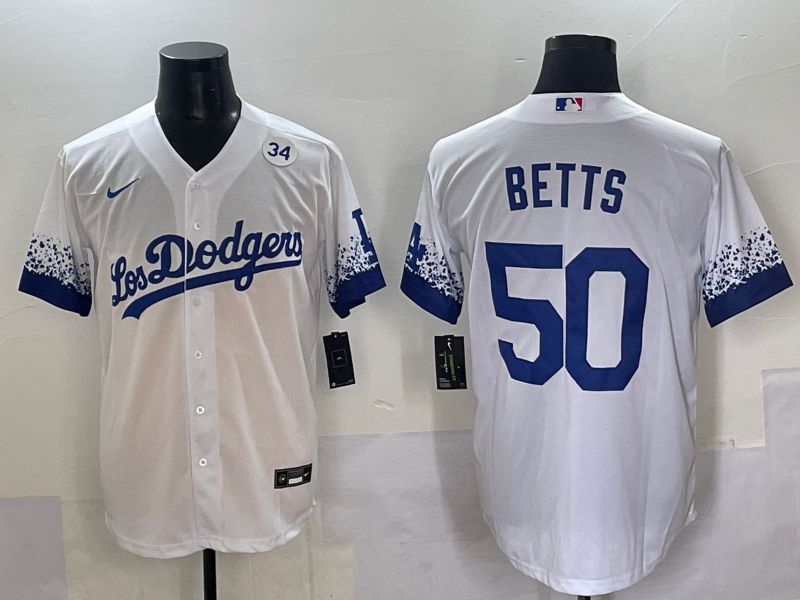 Men Los Angeles Dodgers 50 Betts White blue City Edition Nike MLB Jersey style 7